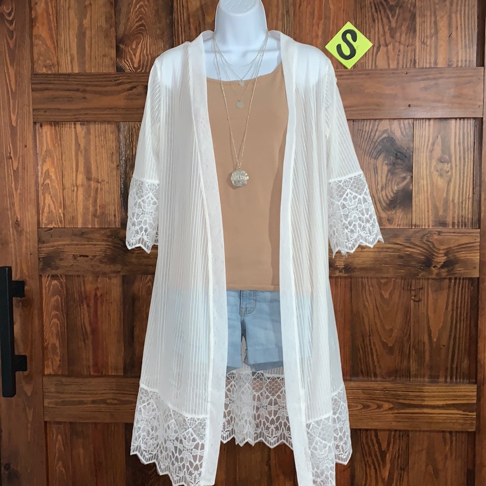 Sz S | sheer white lace long open front cardigan - new